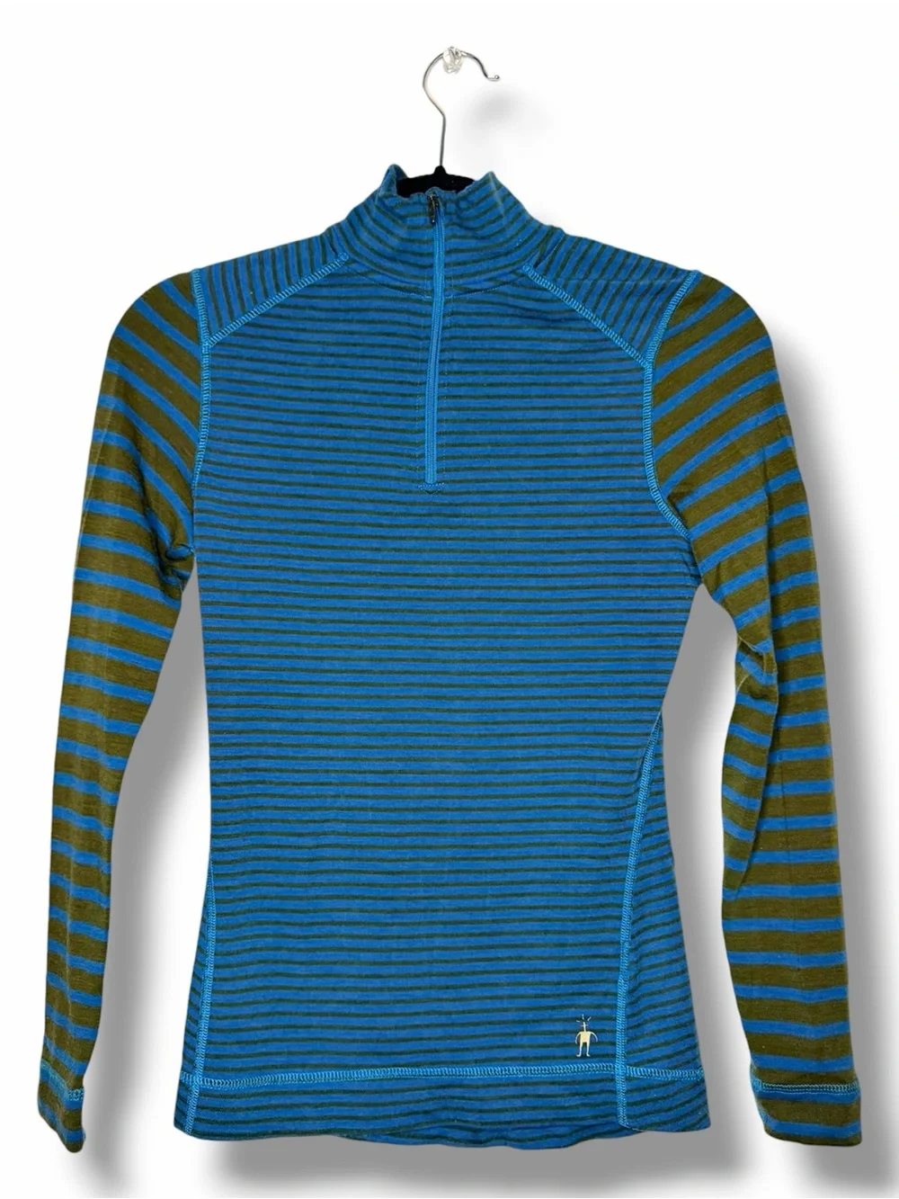 Smartwool Teal/Brown Striped Merino Wool Base Layer Set Quarter Zip/Pants Small